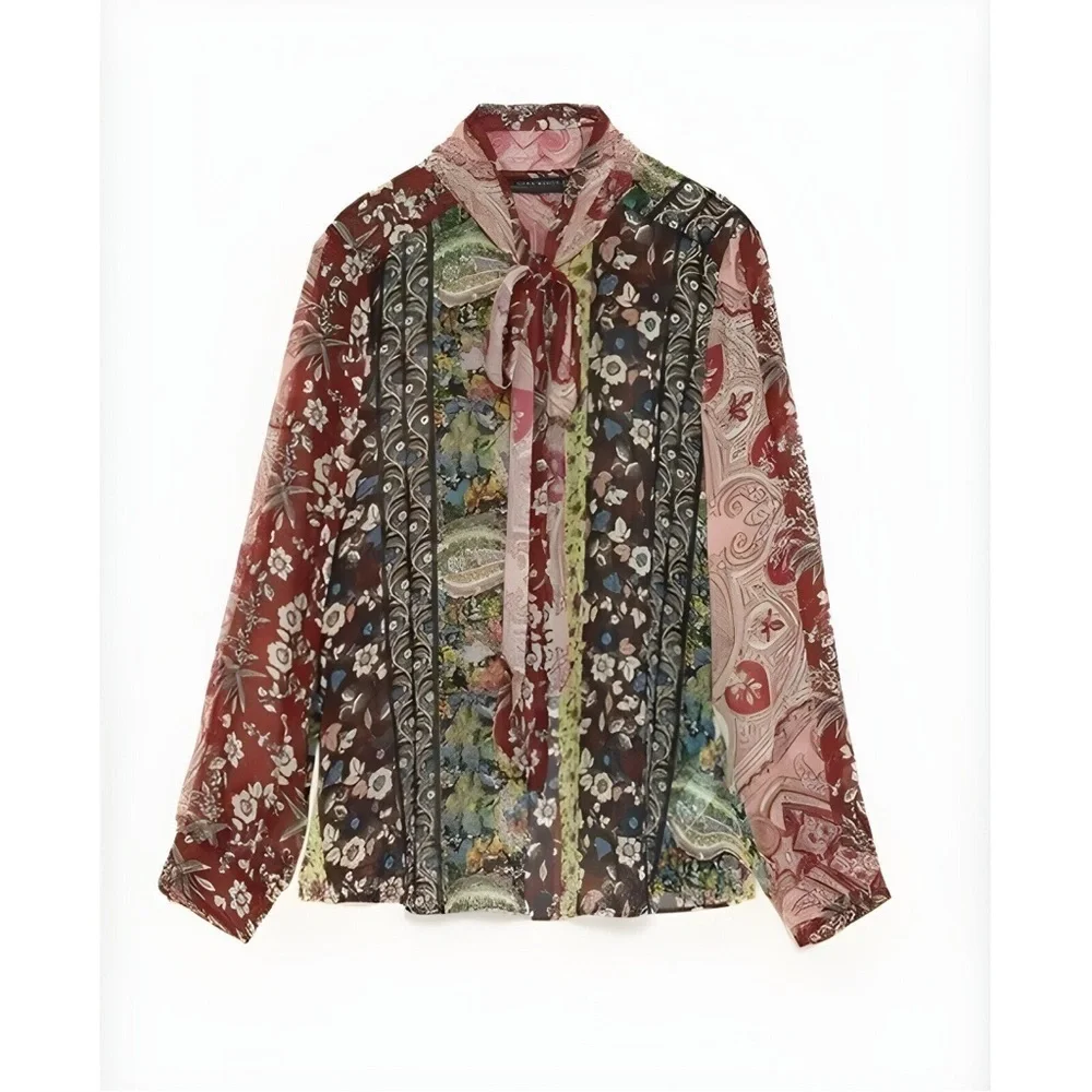 Zara Bow Tie Long Sleeve Blouse in a Floral Patchwork Pattern Size XS - Picture 2 of 5